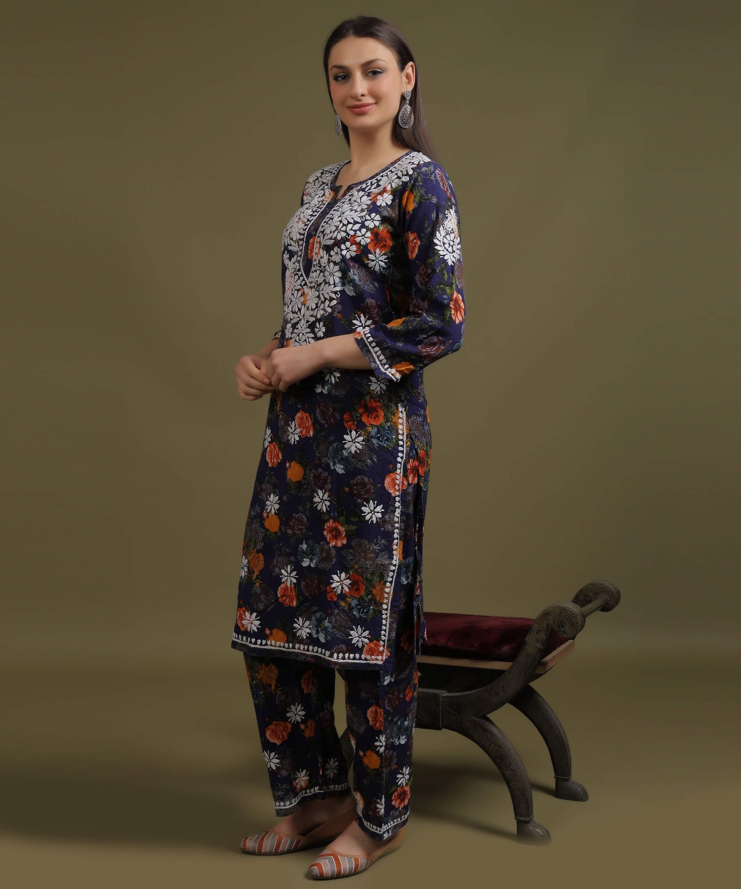 NEA Chikankari Rayon Printed Navy Blue Palazzo Set With White Embroidery