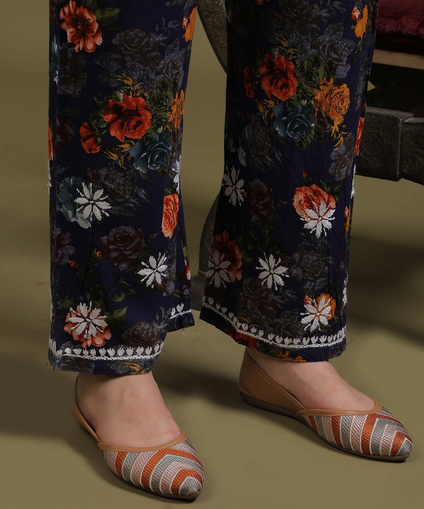 NEA Chikankari Rayon Printed Navy Blue Palazzo Set With White Embroidery
