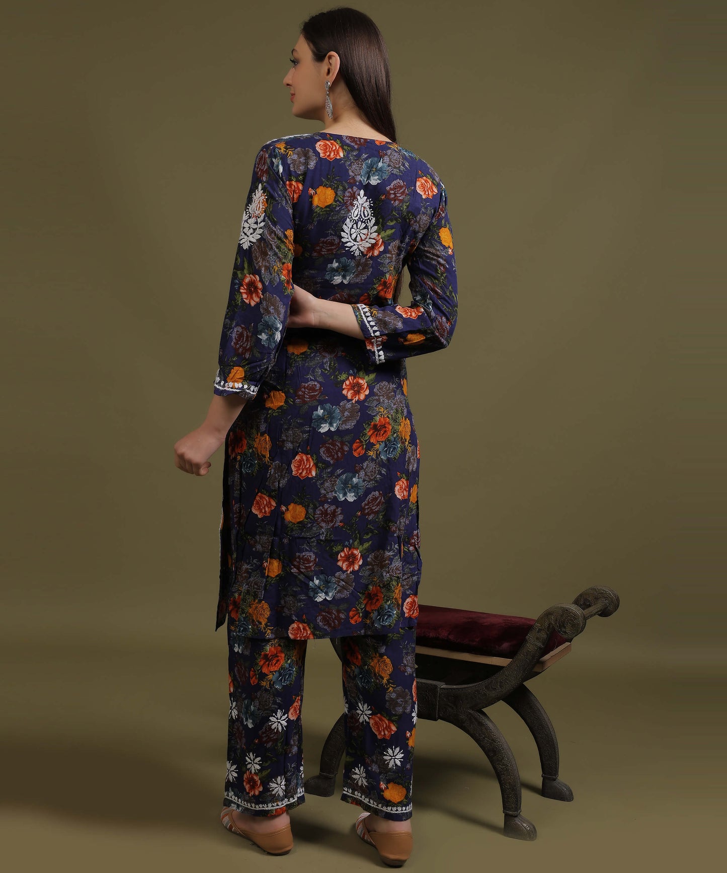 NEA Chikankari Rayon Printed Navy Blue Palazzo Set With White Embroidery