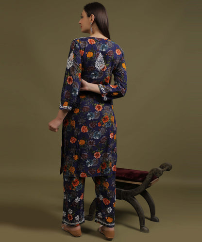 NEA Chikankari Rayon Printed Navy Blue Palazzo Set With White Embroidery