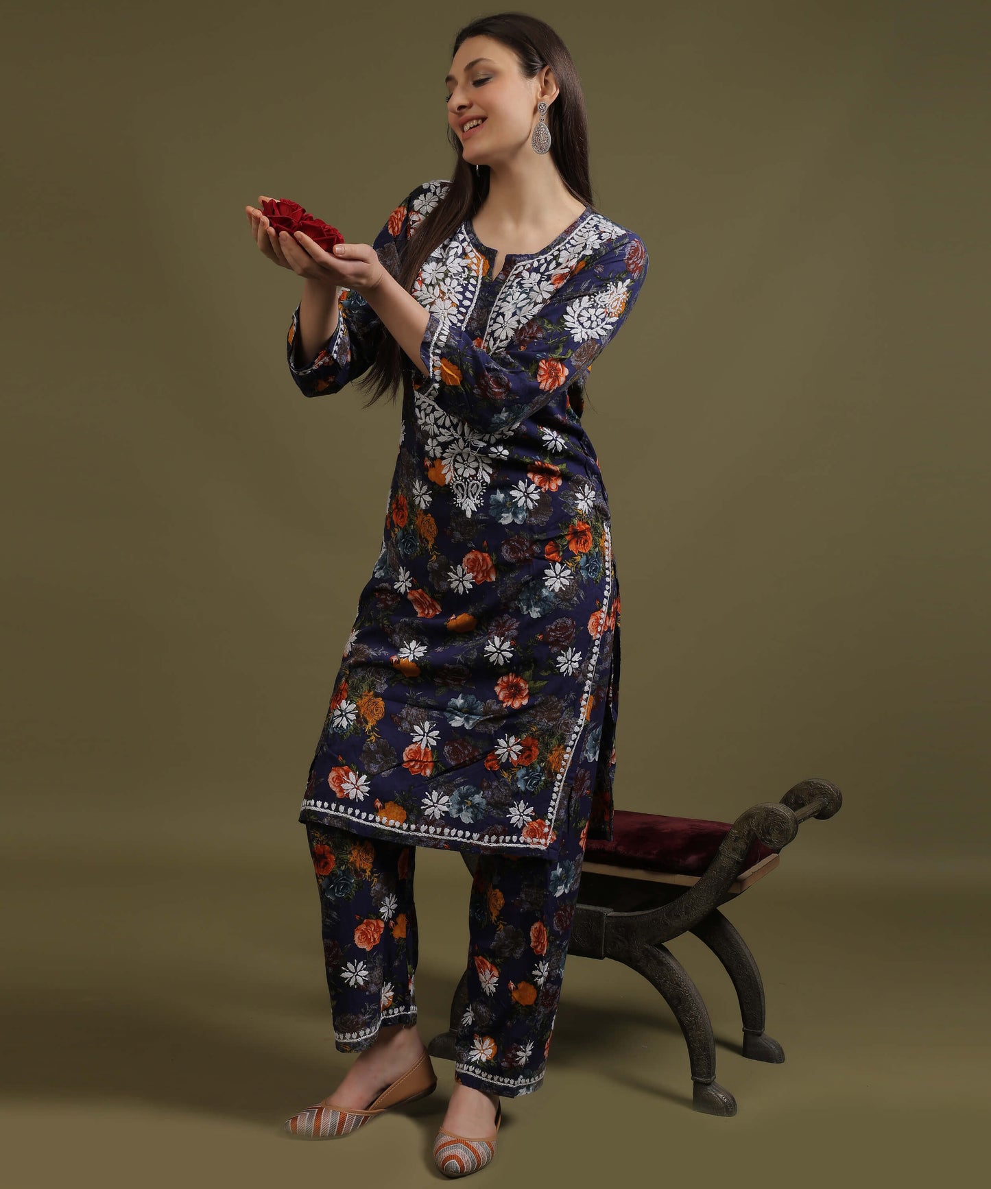 NEA Chikankari Rayon Printed Navy Blue Palazzo Set With White Embroidery