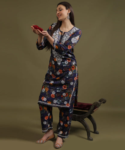 NEA Chikankari Rayon Printed Navy Blue Palazzo Set With White Embroidery