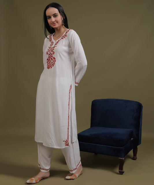 NEA Chikankari White Neckwork Rayon Palazzo Set With Red Embroidery