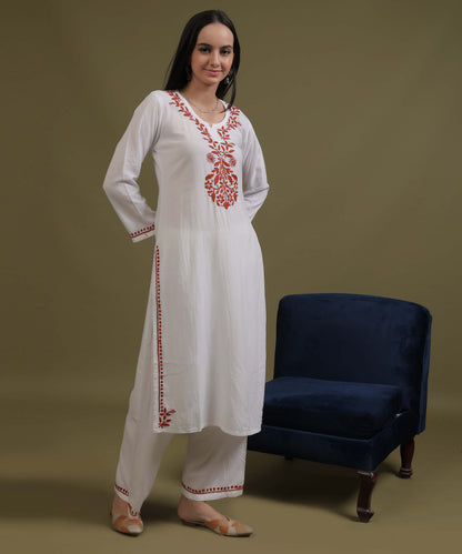 NEA Chikankari White Neckwork Rayon Palazzo Set With Red Embroidery