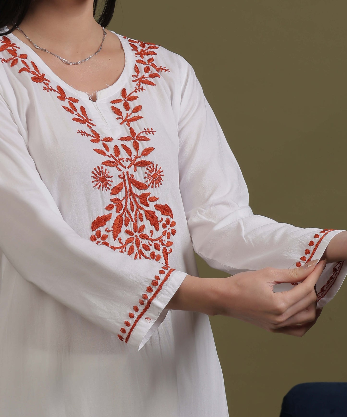 NEA Chikankari White Neckwork Rayon Palazzo Set With Red Embroidery