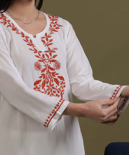 NEA Chikankari White Neckwork Rayon Palazzo Set With Red Embroidery