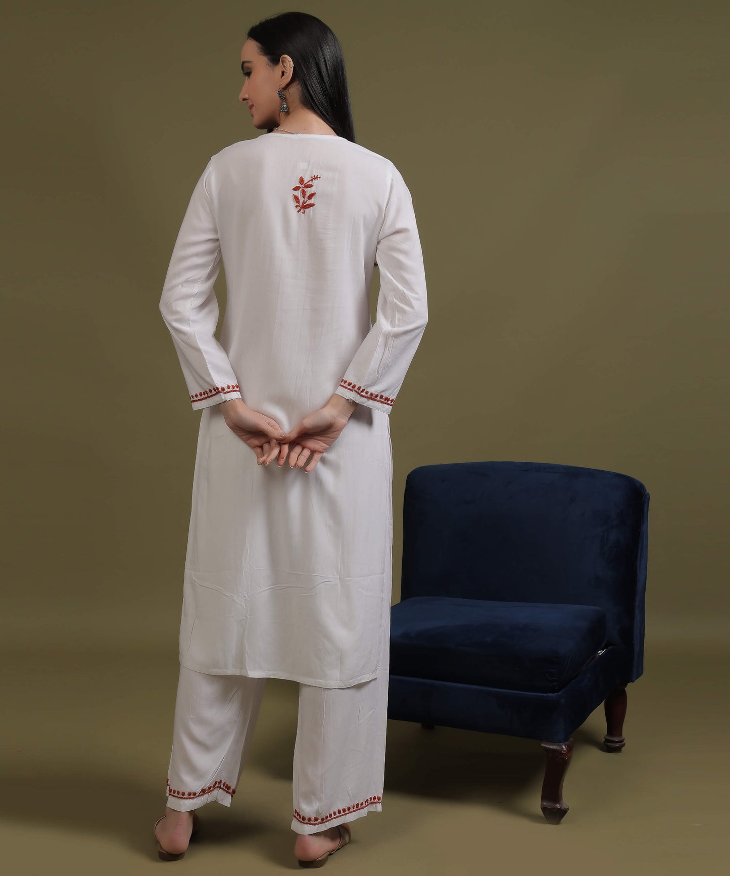 NEA Chikankari White Neckwork Rayon Palazzo Set With Red Embroidery