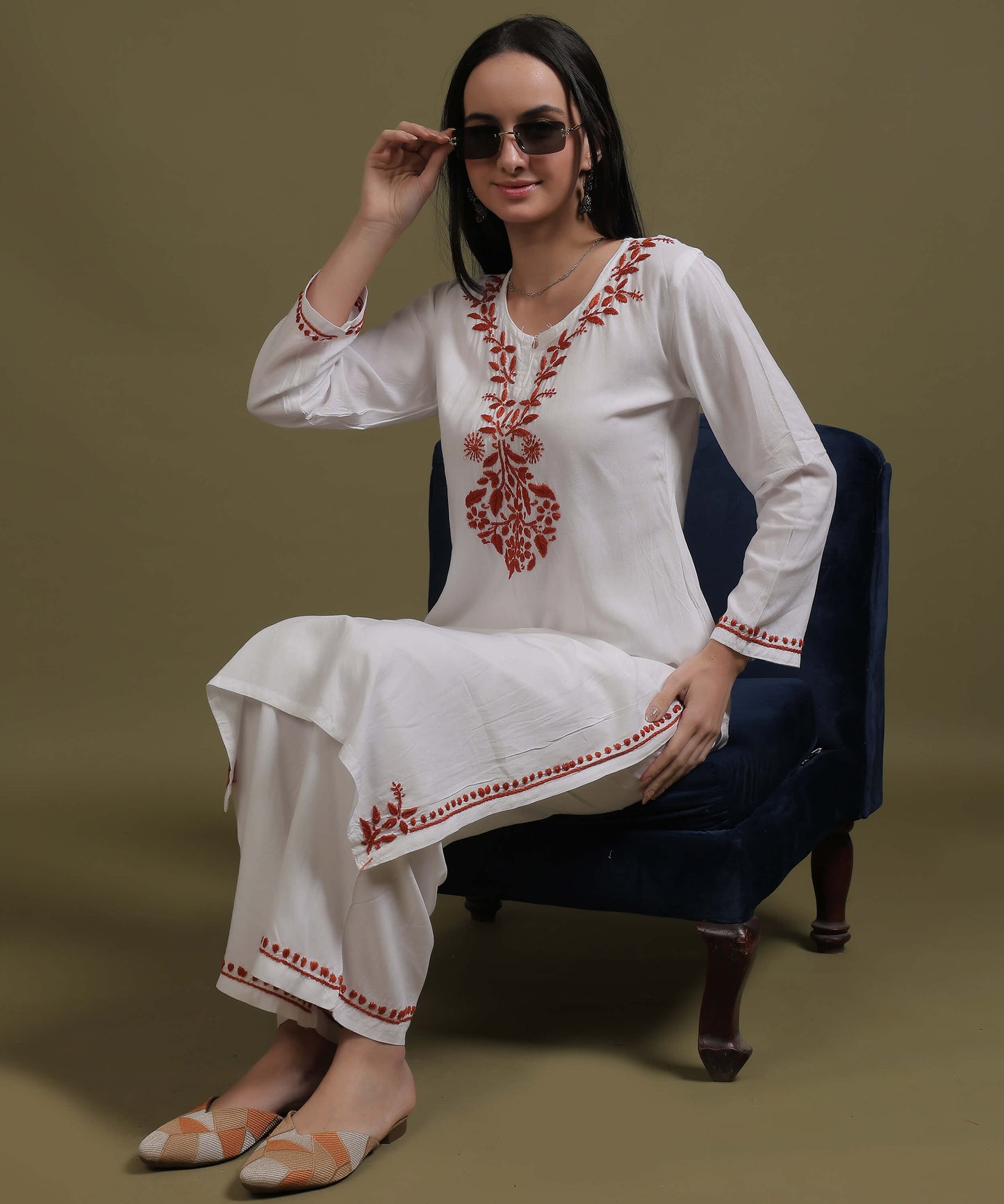 NEA Chikankari White Neckwork Rayon Palazzo Set With Red Embroidery