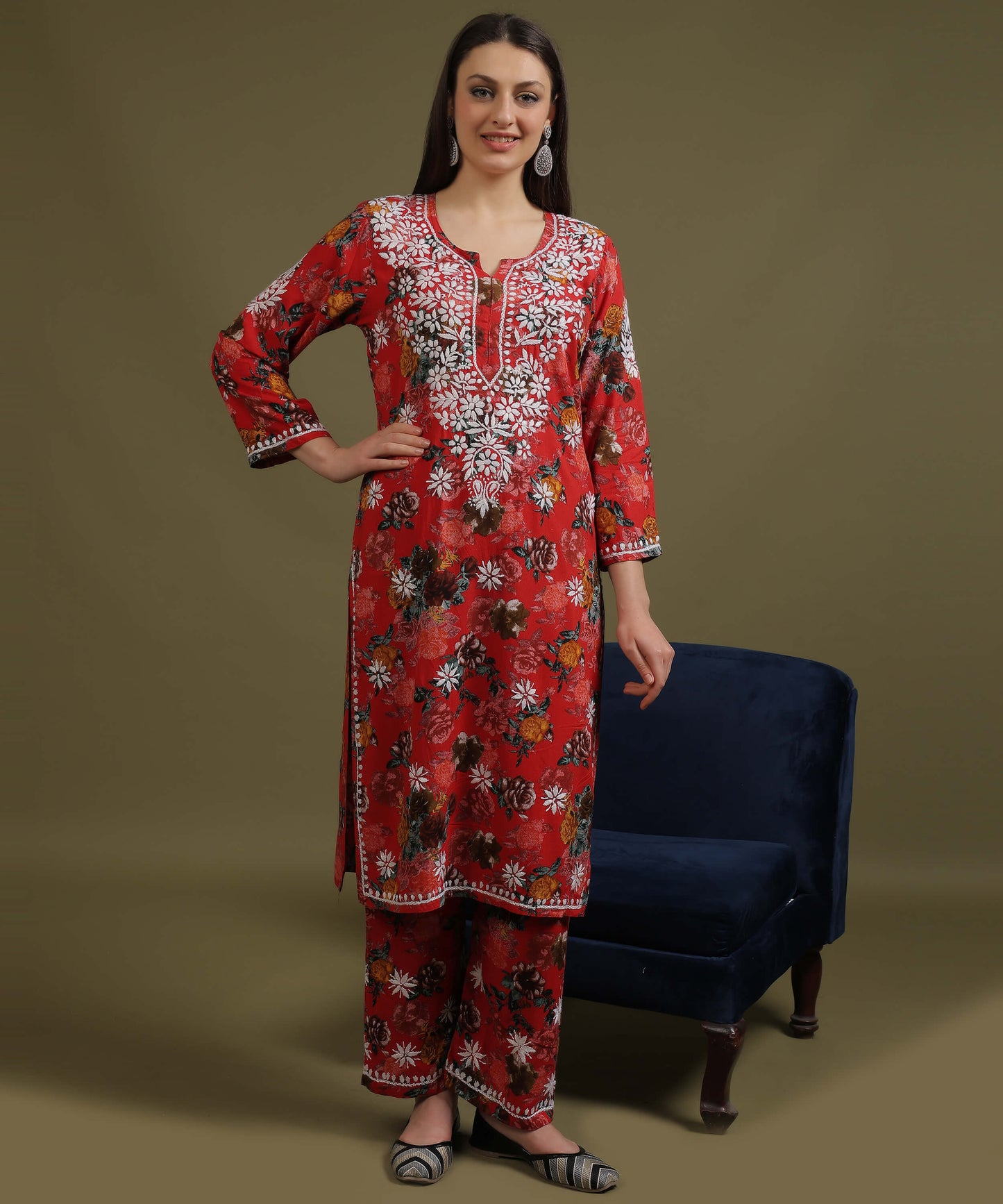 NEA Chikankari Rayon Printed Red Palazzo Set  With White Embroidery