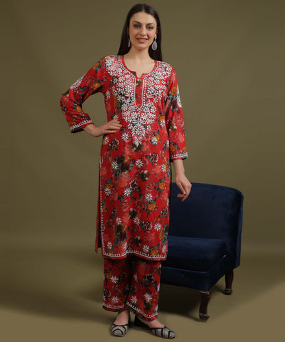 NEA Chikankari Rayon Printed Red Palazzo Set  With White Embroidery