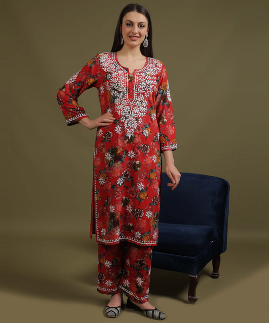 NEA Chikankari Rayon Printed Red Palazzo Set  With White Embroidery