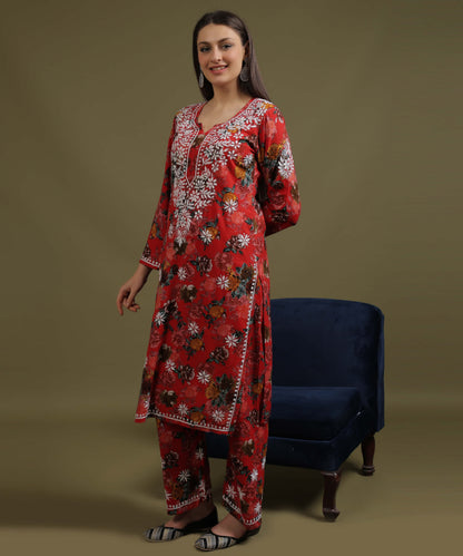 NEA Chikankari Rayon Printed Red Palazzo Set  With White Embroidery