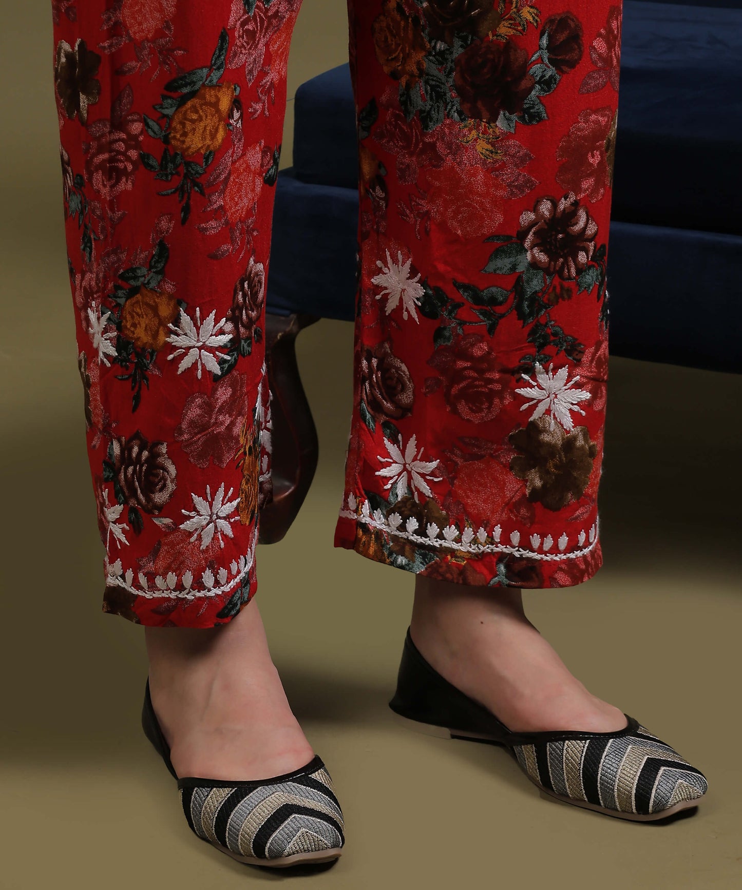 NEA Chikankari Rayon Printed Red Palazzo Set  With White Embroidery