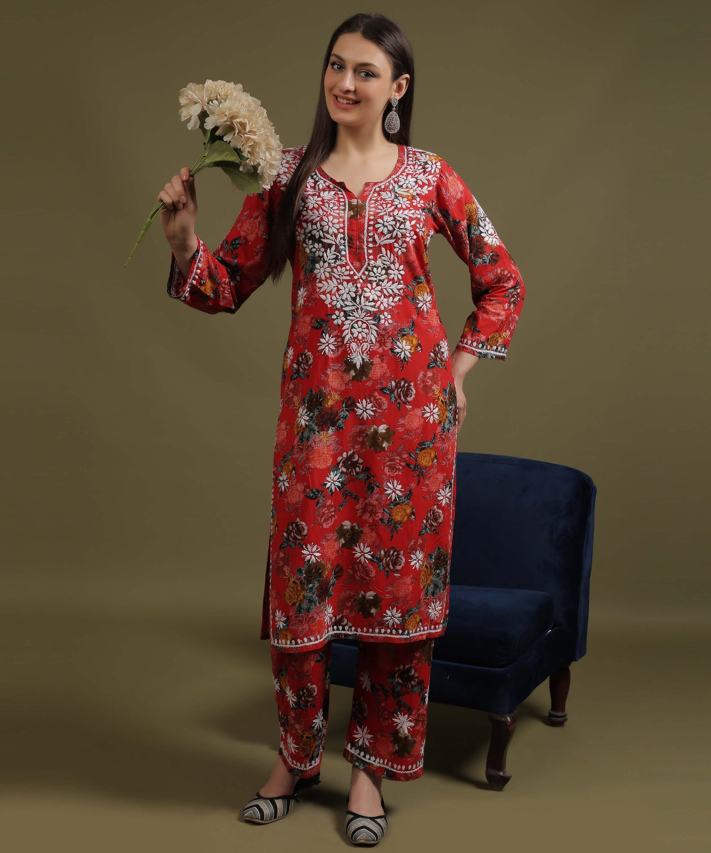 NEA Chikankari Rayon Printed Red Palazzo Set  With White Embroidery