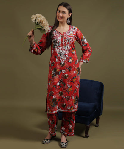 NEA Chikankari Rayon Printed Red Palazzo Set  With White Embroidery