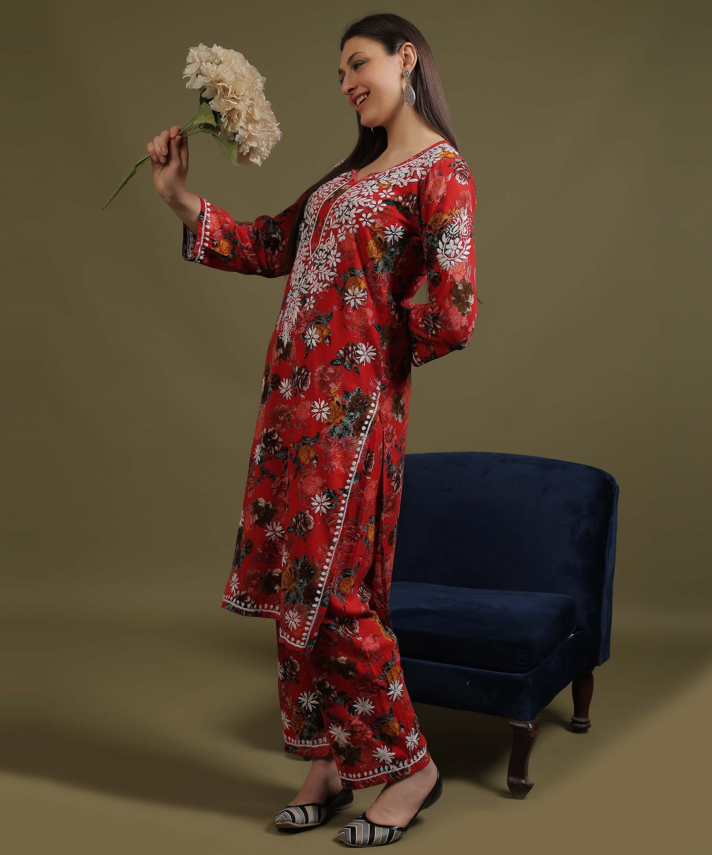NEA Chikankari Rayon Printed Red Palazzo Set  With White Embroidery