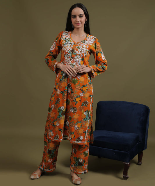 NEA Chikankari Rayon Printed Musturd Palazzo Set With White Embroidery