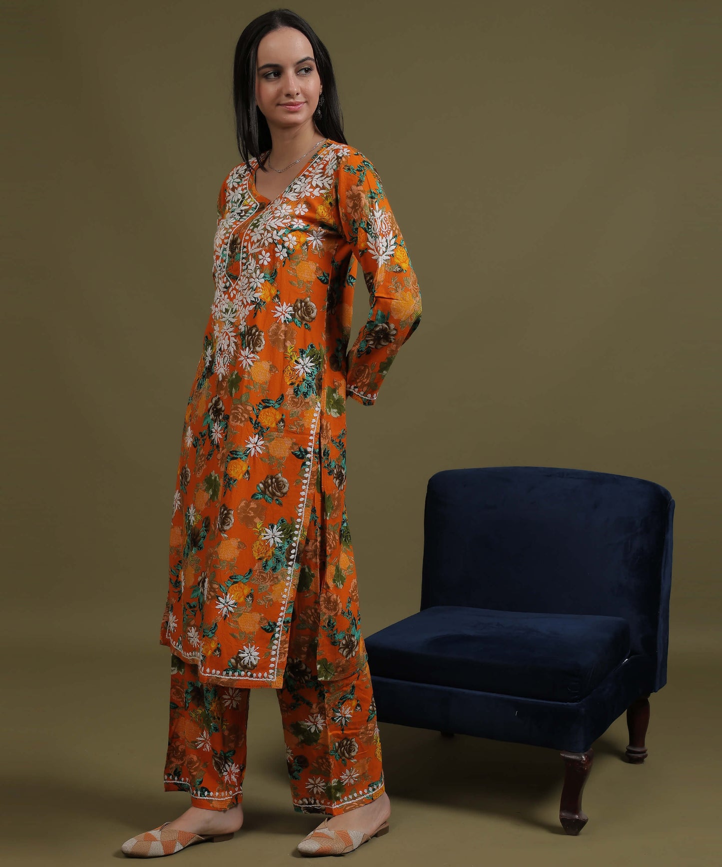 NEA Chikankari Rayon Printed Musturd Palazzo Set With White Embroidery