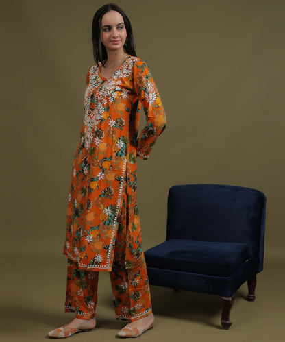 NEA Chikankari Rayon Printed Musturd Palazzo Set With White Embroidery