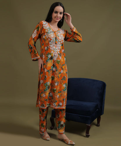 NEA Chikankari Rayon Printed Musturd Palazzo Set With White Embroidery