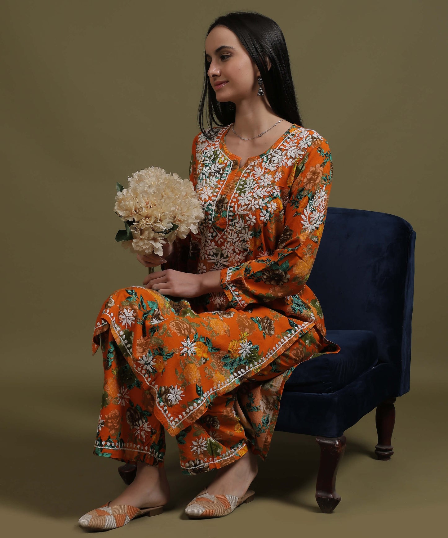 NEA Chikankari Rayon Printed Musturd Palazzo Set With White Embroidery
