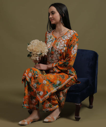 NEA Chikankari Rayon Printed Musturd Palazzo Set With White Embroidery