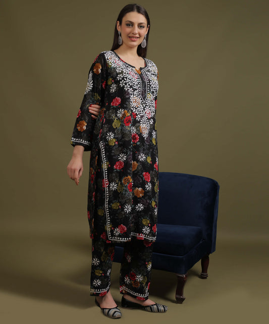 NEA Chikankari Rayon Printed Black Palazzo Set With White Embroidery