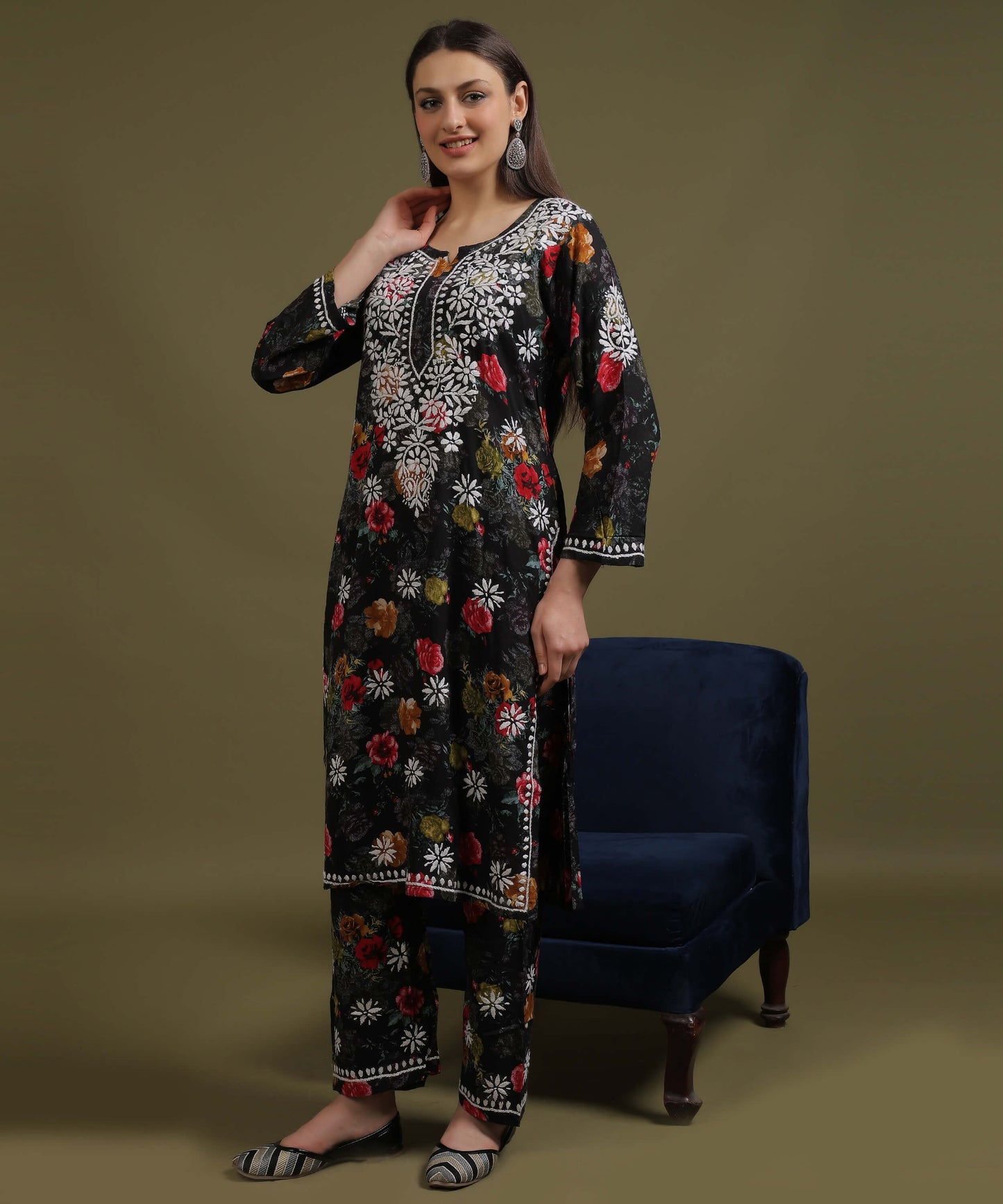 NEA Chikankari Rayon Printed Black Palazzo Set With White Embroidery