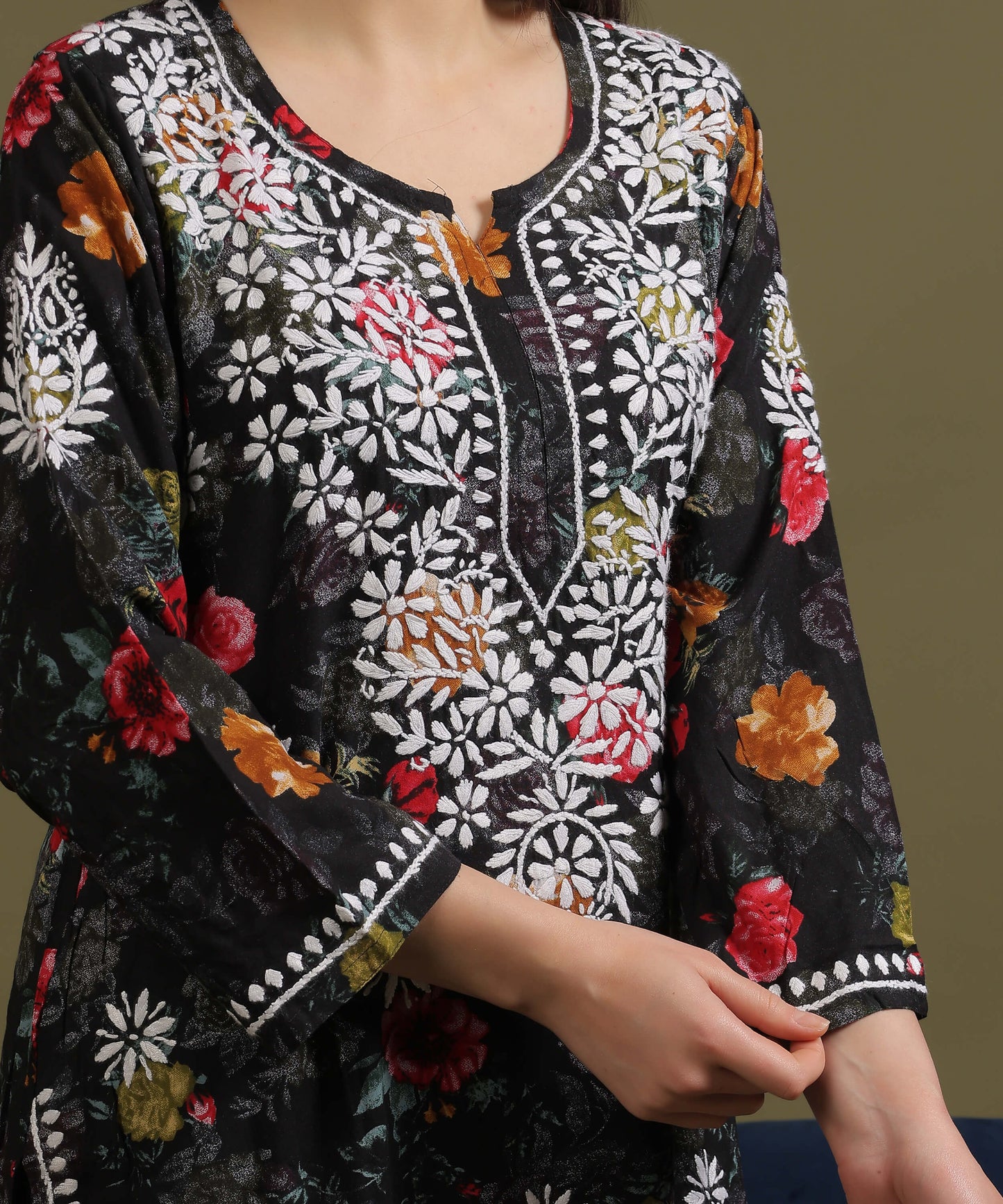 NEA Chikankari Rayon Printed Black Palazzo Set With White Embroidery