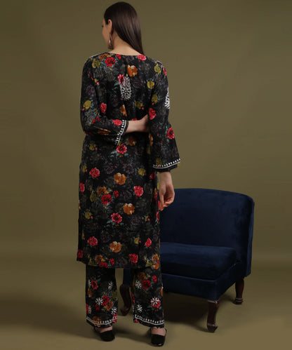 NEA Chikankari Rayon Printed Black Palazzo Set With White Embroidery