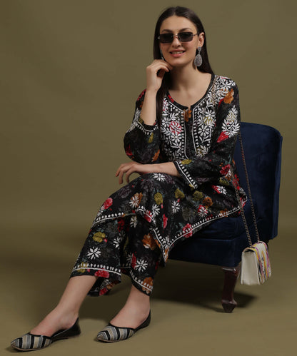 NEA Chikankari Rayon Printed Black Palazzo Set With White Embroidery