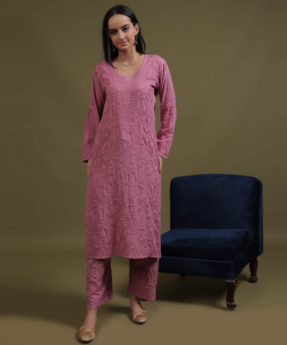 RUMI Pink Rayon Full Jaal Work Palazzo Set