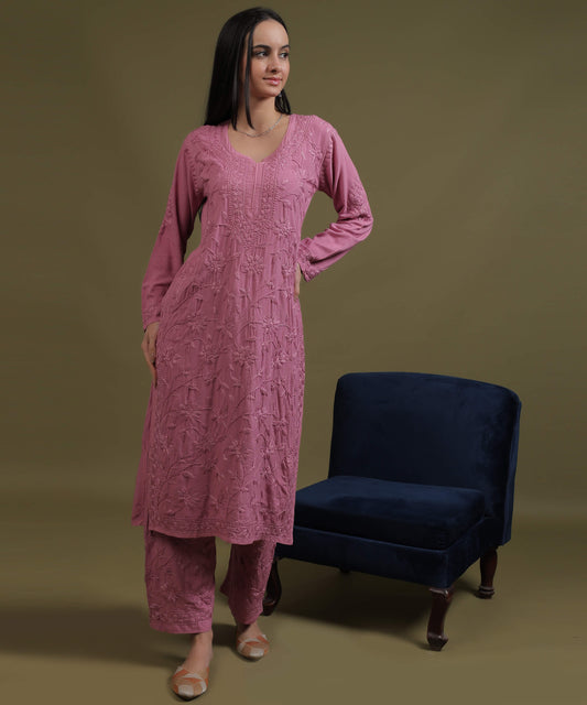 RUMI Pink Rayon Full Jaal Work Palazzo Set