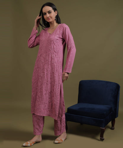 RUMI Pink Rayon Full Jaal Work Palazzo Set