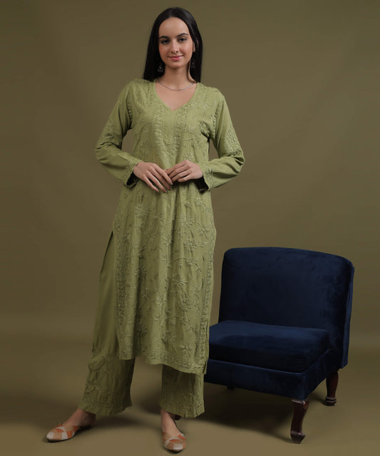 RUMI Green Rayon Full Jaal Work Palazzo Set