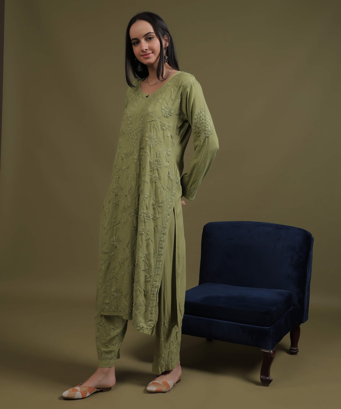 RUMI Green Rayon Full Jaal Work Palazzo Set