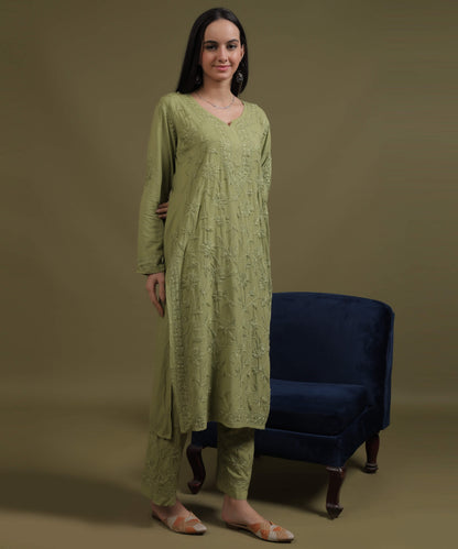 RUMI Green Rayon Full Jaal Work Palazzo Set