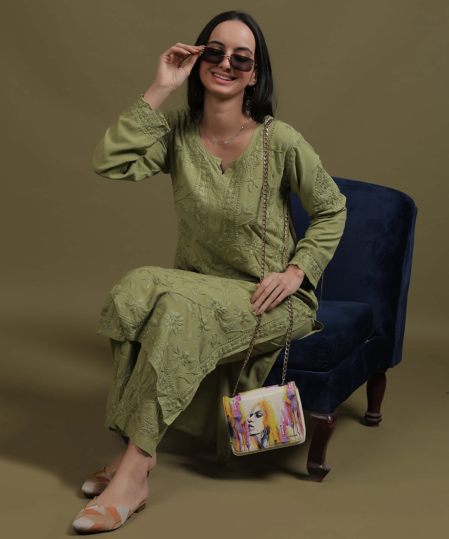 RUMI Green Rayon Full Jaal Work Palazzo Set