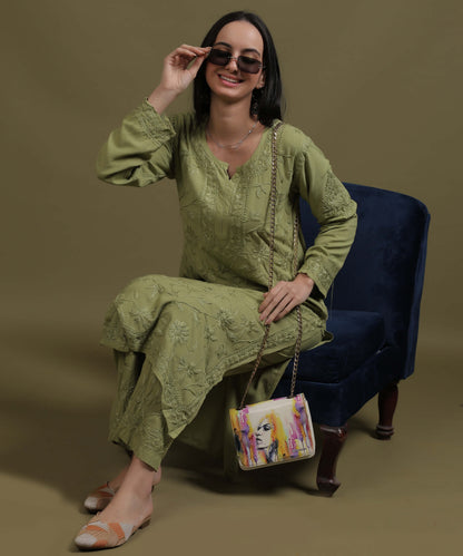 RUMI Green Rayon Full Jaal Work Palazzo Set
