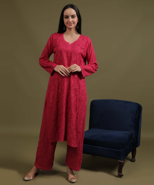 RUMI Rani Pink Rayon Full Jaal Work Palazzo Set