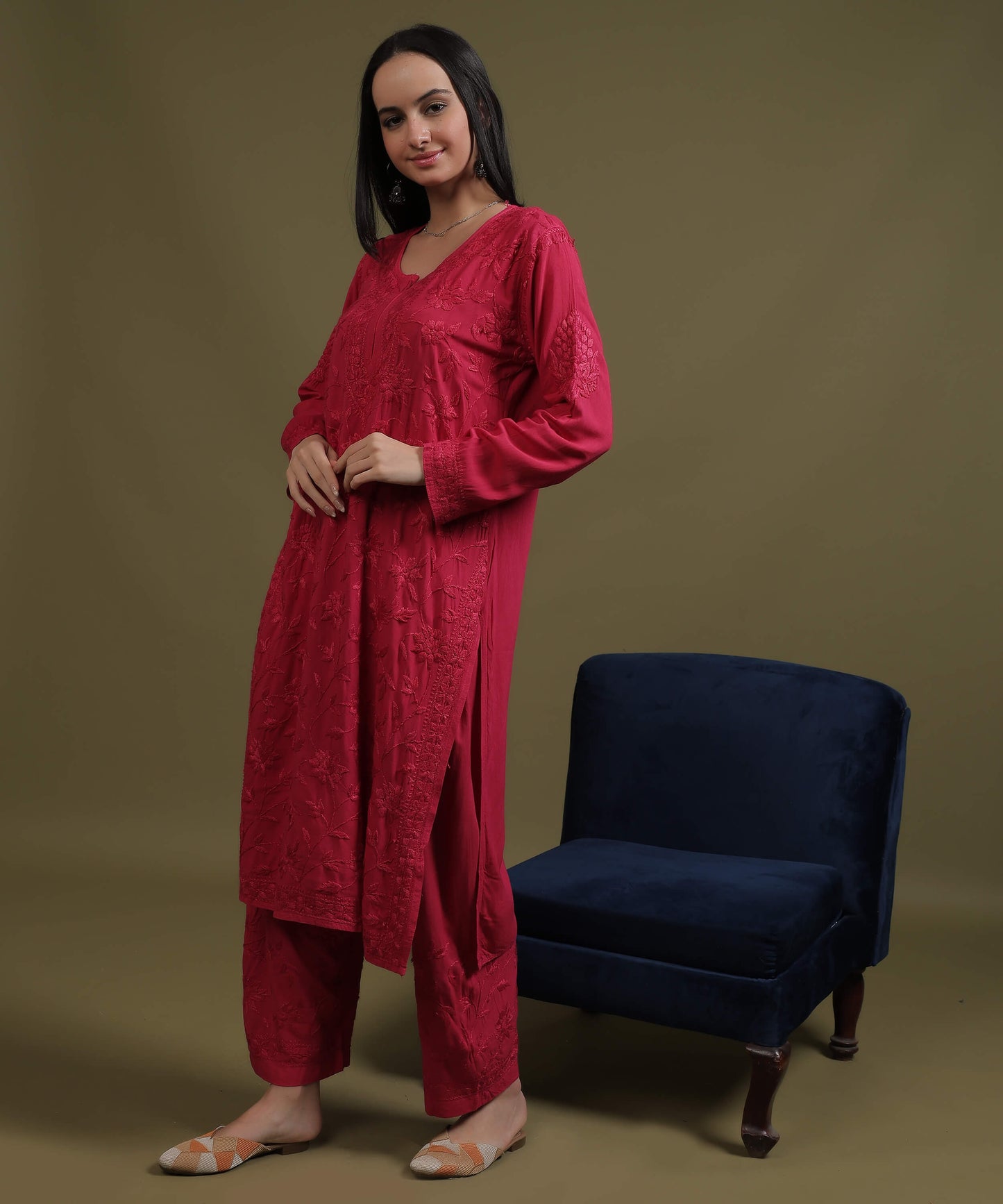 RUMI Rani Pink Rayon Full Jaal Work Palazzo Set