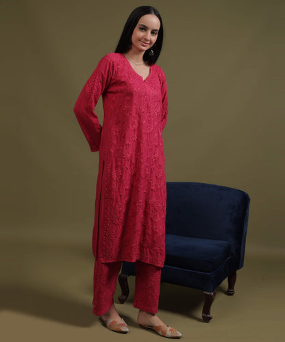 RUMI Rani Pink Rayon Full Jaal Work Palazzo Set