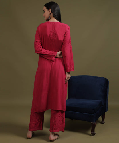 RUMI Rani Pink Rayon Full Jaal Work Palazzo Set