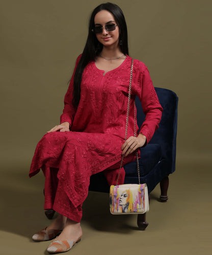 RUMI Rani Pink Rayon Full Jaal Work Palazzo Set