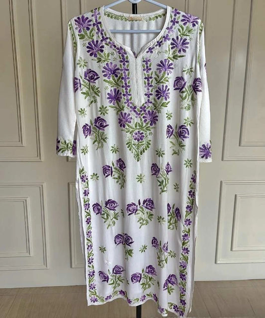 Mehram Lucknowi Chikankari white rayon kurti with shaded purple rose and green floral embroidery, front view full length on hanger — Noor-e-Awadh